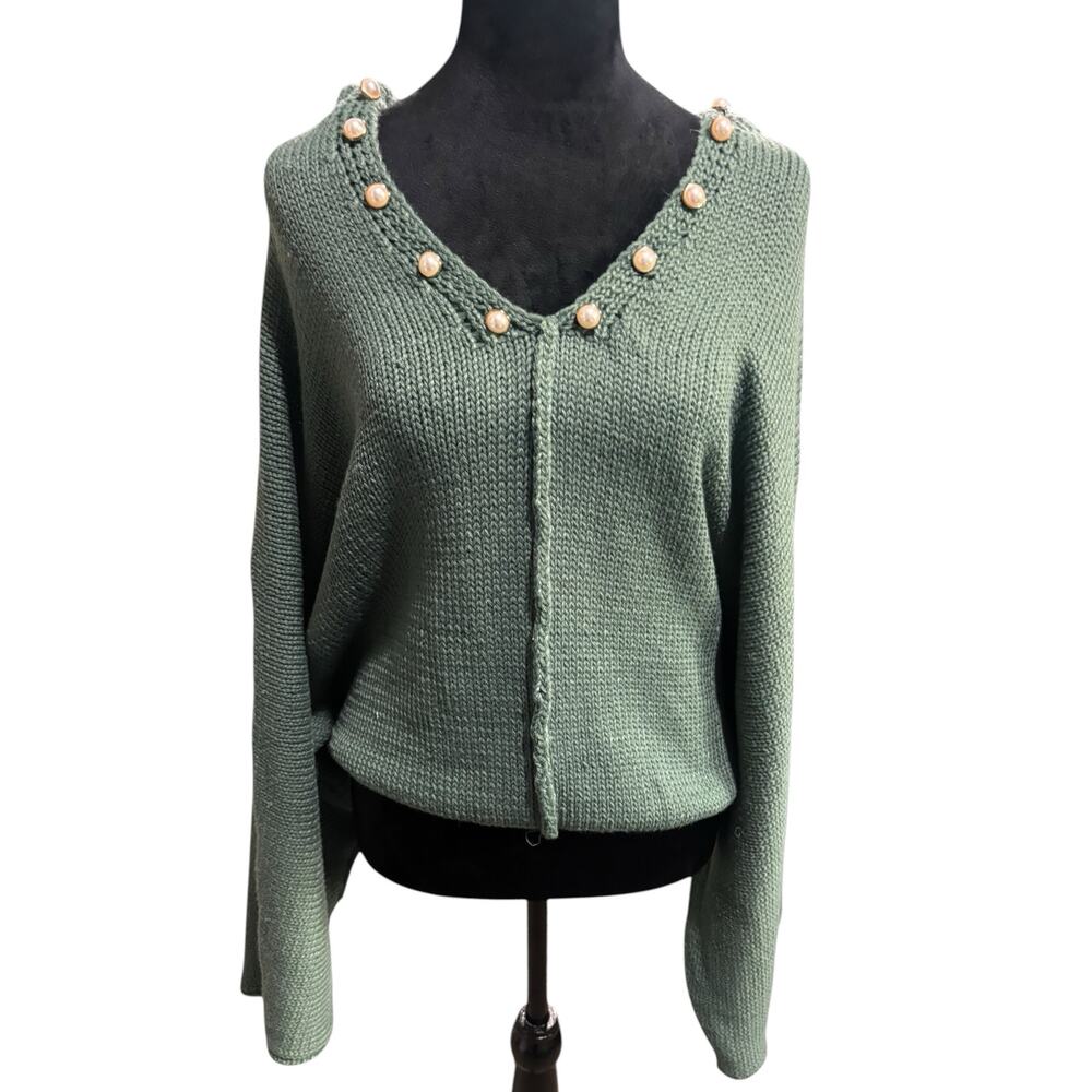 POL Green Hooded Knit Sweater w/ Pearls – Medium – Oversized – NWOT